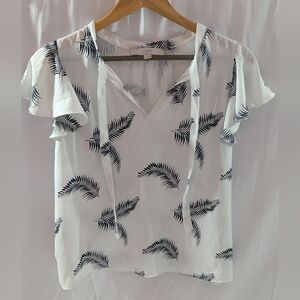 LOFT White and Black Leaf/Feather Print Women's Top/Blouse